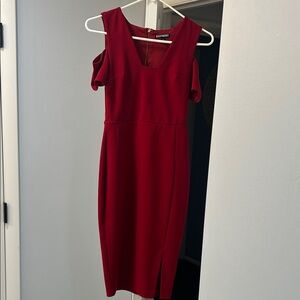 Express Burgundy Cold-Shoulder Midi Sheath Dress